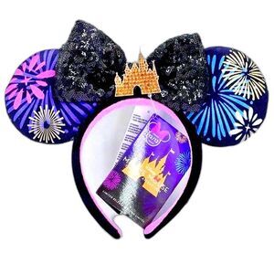 Disney Fireworks Ears Minnie Mouse Main Attraction Black Bow Rhinestone Castle